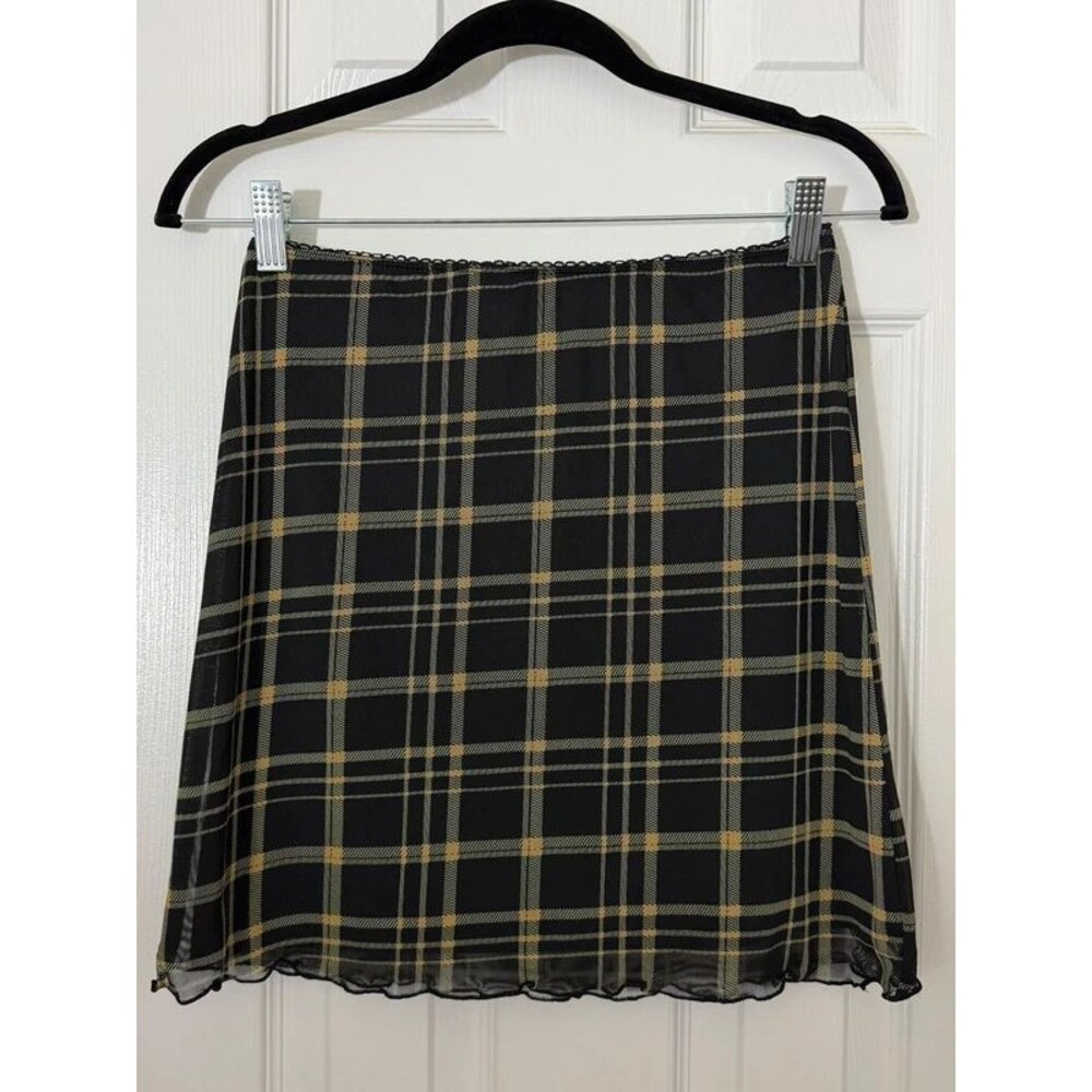 Lily Rose Y2K Sheer Plaid Mesh Mini Skirt Black Yellow Gold Lettuce Hem Grunge M